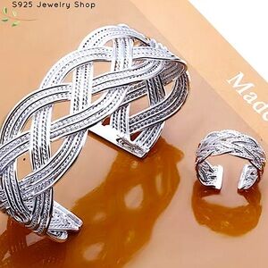 Braided Sterling Silver Bangle Cuff Bracelet Matching Ring Set